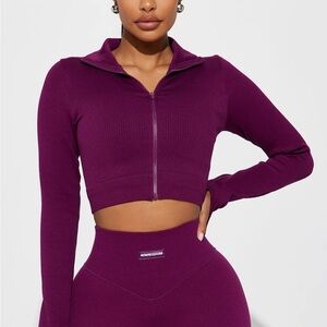 Fashion Nova Plum Zipper Crop Top and Leggings Set